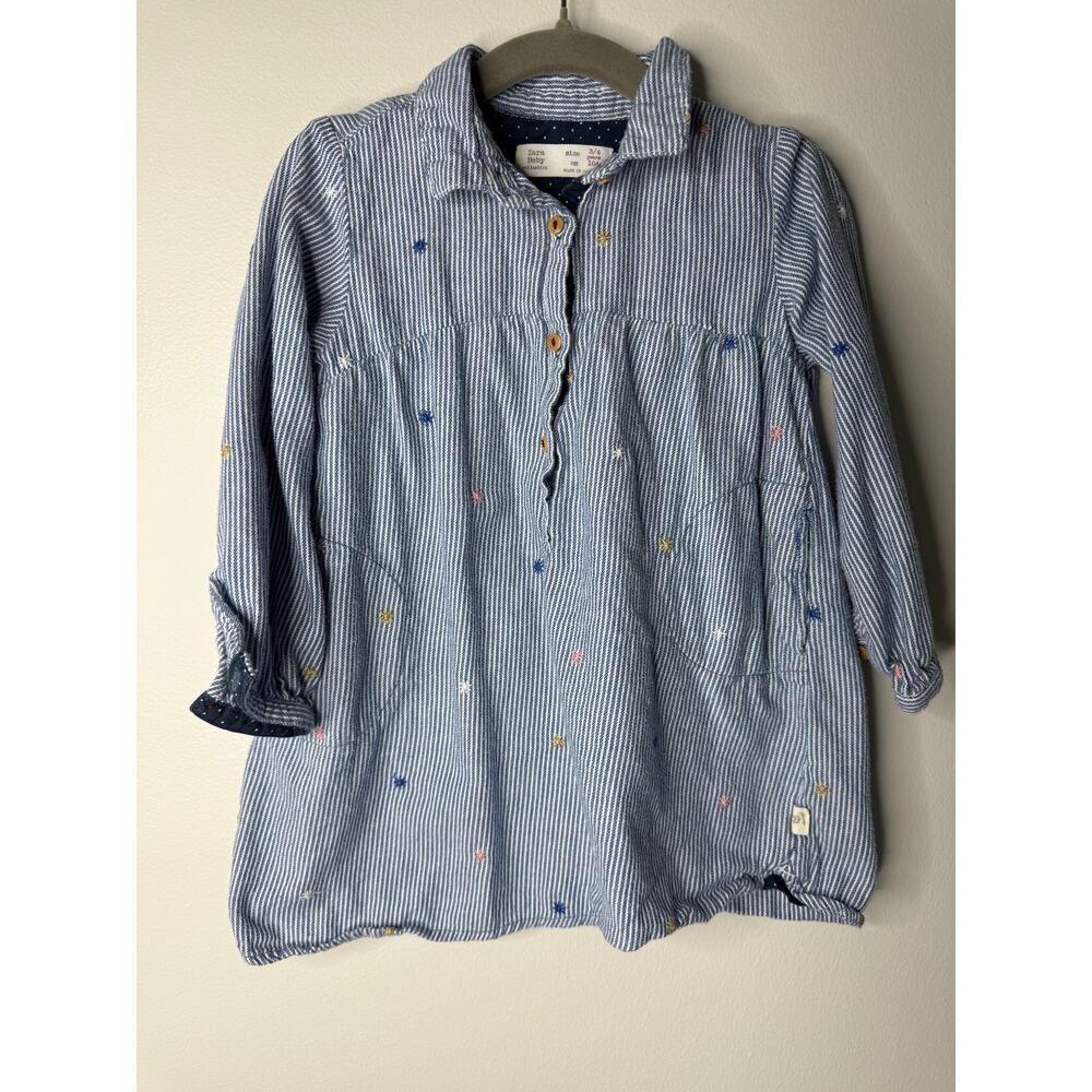 Zara Baby Girls Preppy Blue White Pinstripe Embroidered Henley Shirt Top 3T/4T